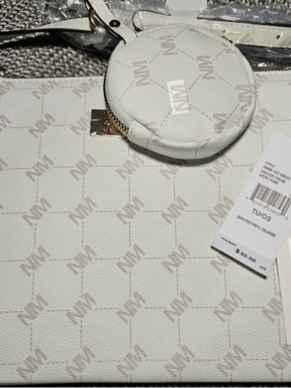 Nicole Miller Cream Monogram Crossbody with Gold Accent